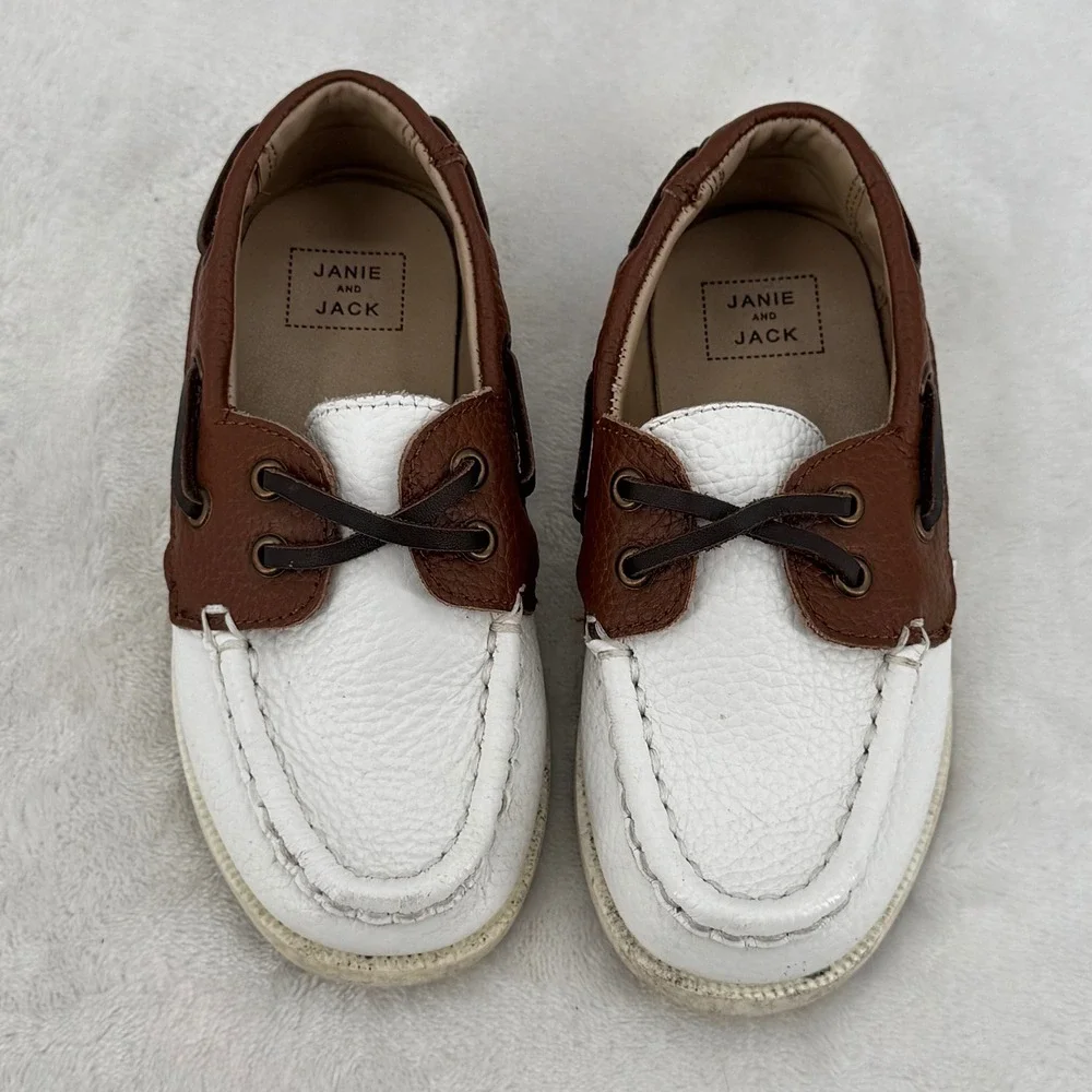 Janie and Jack Boat Shoes Toddler Size 8 White & Brown Leather Nautical Loafers